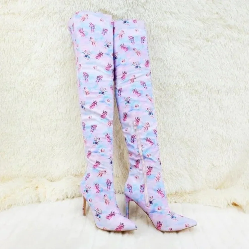 Mata Adorable Cupid Cherub Tie Dye 4.25 " Stiletto Thigh High Boots - Picture 1 of 7